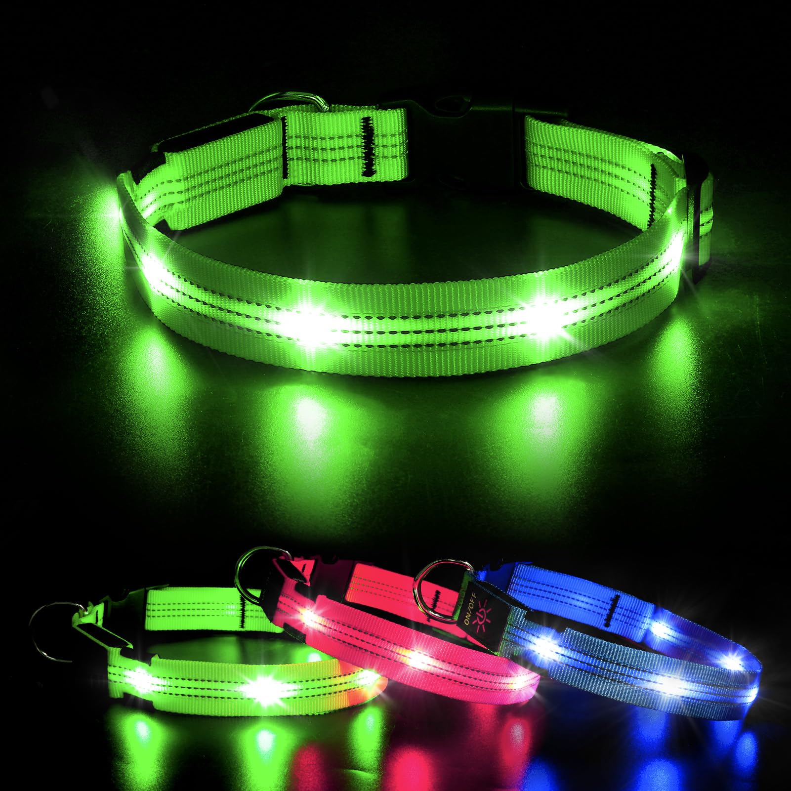 GlowBright LED Dog Collar - Reflective Adjustable Collar (Green, Small)