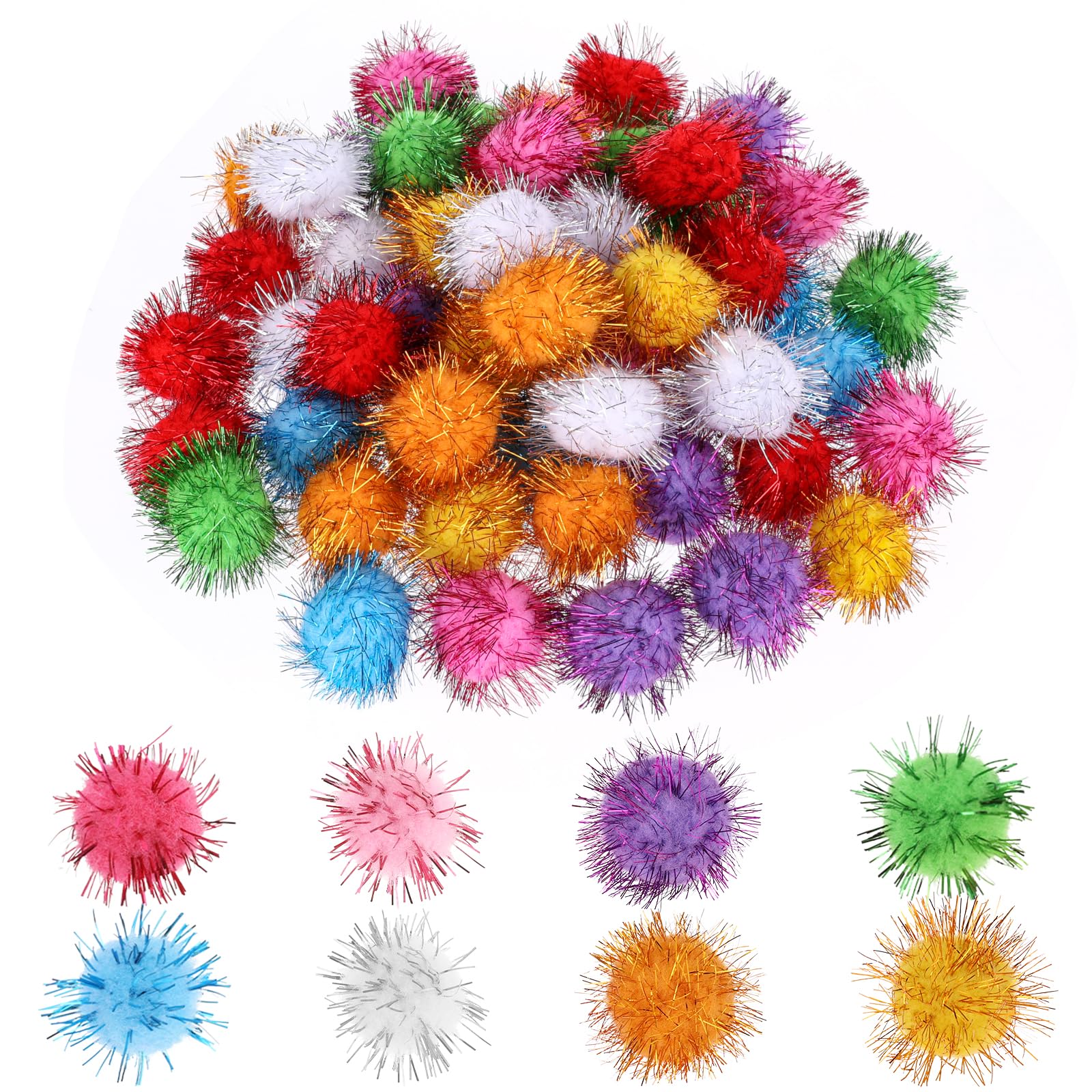 60 Pcs Sparkling Cat Toy Balls - 2 Inch Colorful Pom Poms