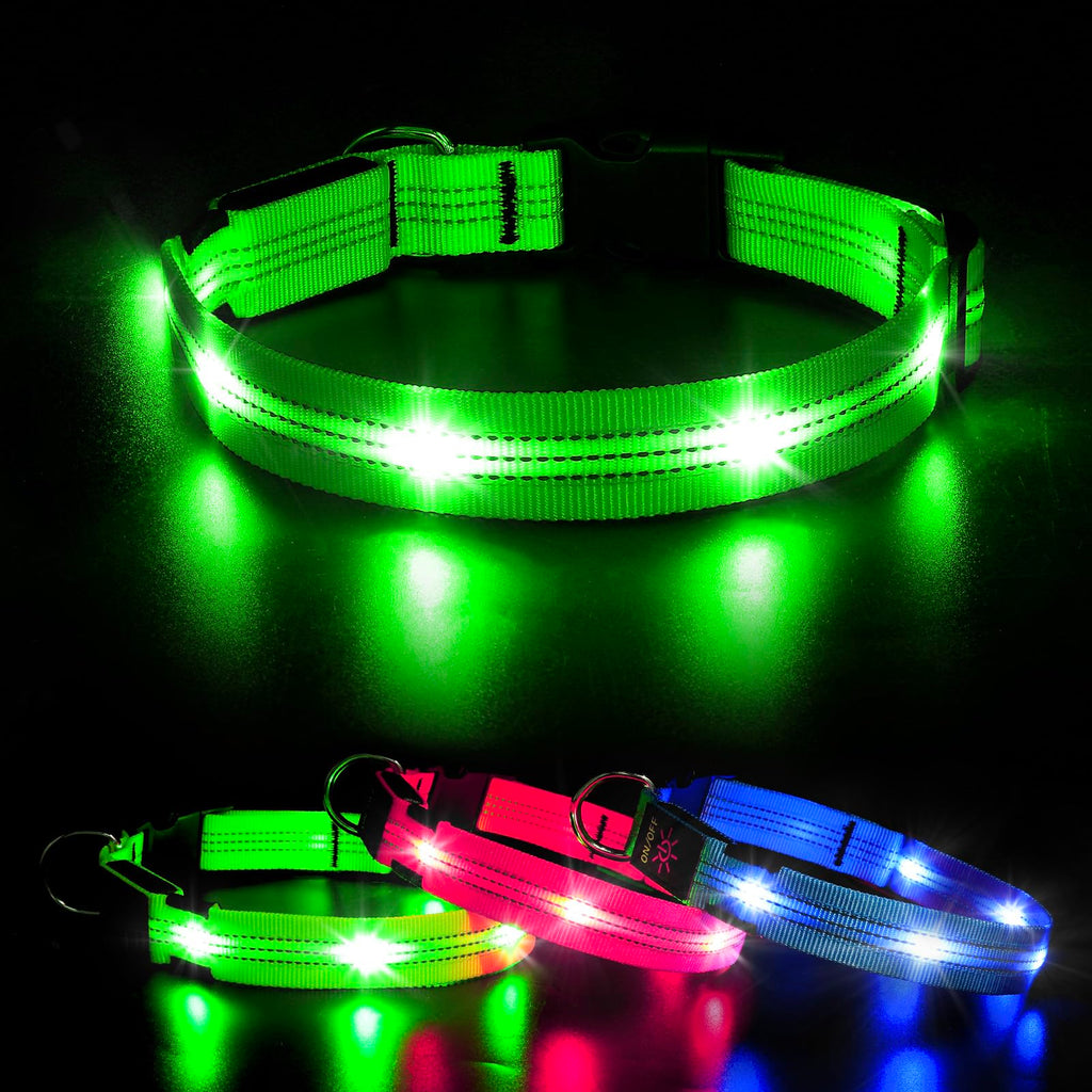 GlowBright LED Dog Collar - Reflective Adjustable Collar (Green, Small)